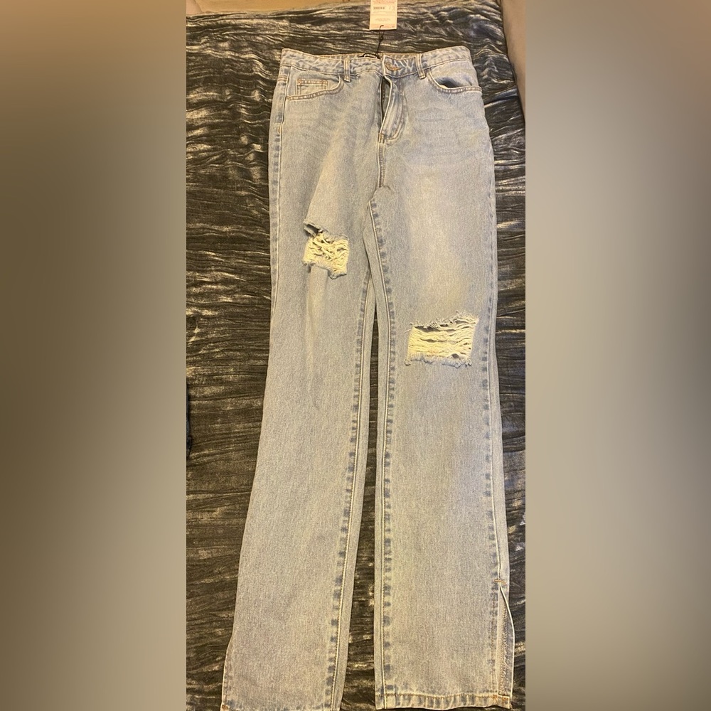 High waisted straight side split Jean